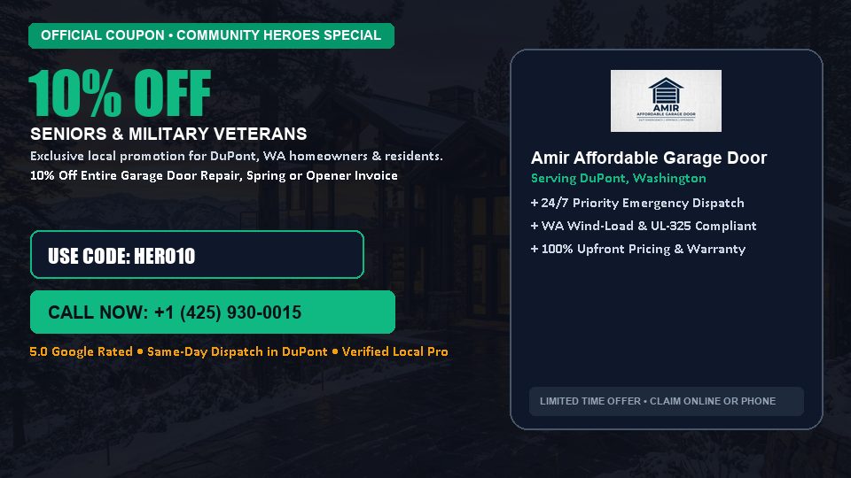 Amir Affordable Garage Door 10% OFF Seniors & Military Veterans in DuPont, WA
